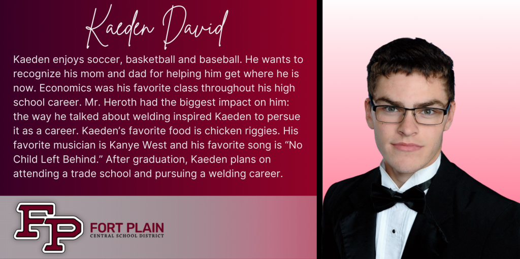 A graphical image featuring a title and text about senior Kaeden David. Kaeden's senior class photo is featured at the right. The school district logo is featured in the lower left. The background of the image is dark red.