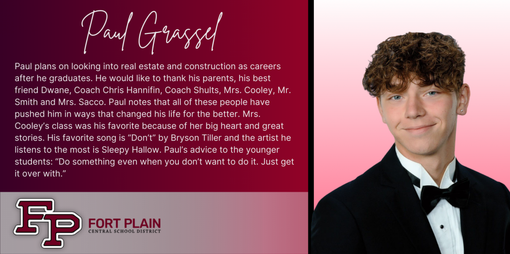 A graphical image featuring a title and text about senior Paul Grassel. Paul's senior class photo is featured at the right. The school district logo is featured in the lower left. The background of the image is dark red.