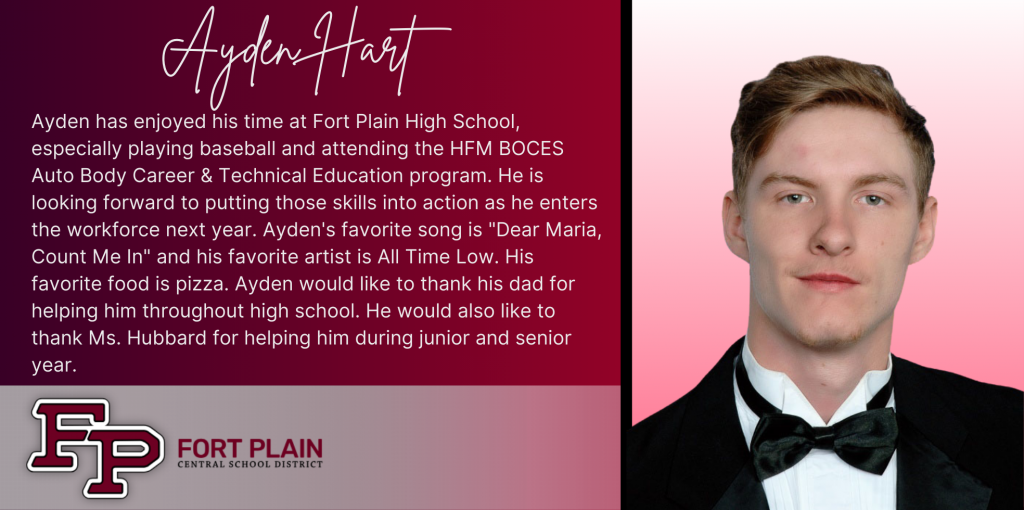 A graphical image featuring a title and text about senior Ayden Hart. Ayden's senior class photo is featured at the right. The school district logo is featured in the lower left. The background of the image is dark red.