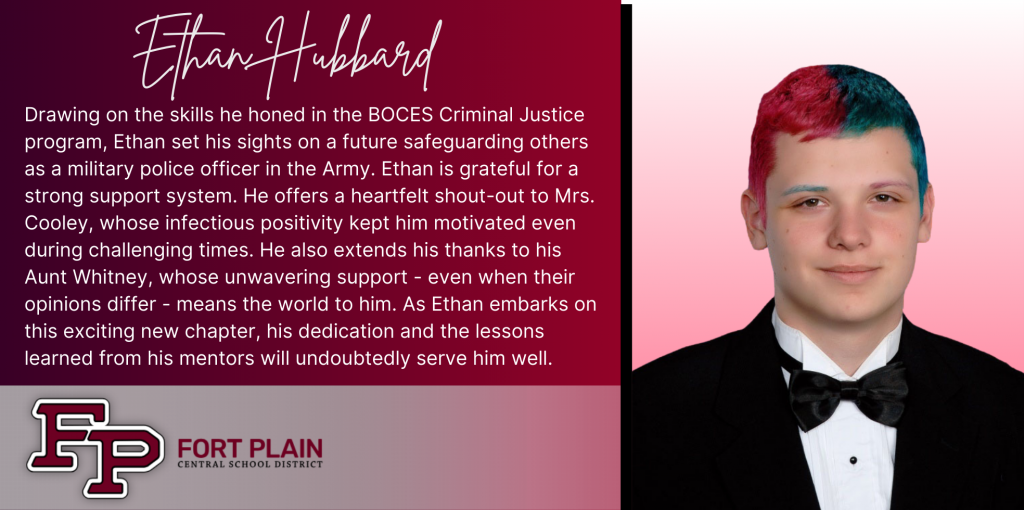 A graphical image featuring a title and text about senior Ethan Hubbard. Ethan's senior class photo is featured at the right. The school district logo is featured in the lower left. The background of the image is dark red.