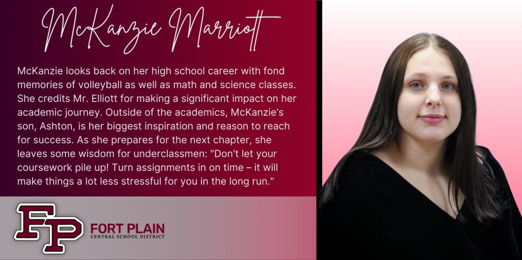 A graphical image featuring a title and text about senior McKanzie Marriott. McKanzie's senior class photo is featured at the right. The school district logo is featured in the lower left. The background of the image is dark red.
