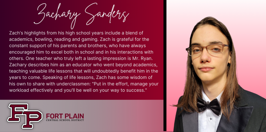 A graphical image featuring a title and text about senior Zachary Sanders. Zachary's senior class photo is featured at the right. The school district logo is featured in the lower left. The background of the image is dark red.