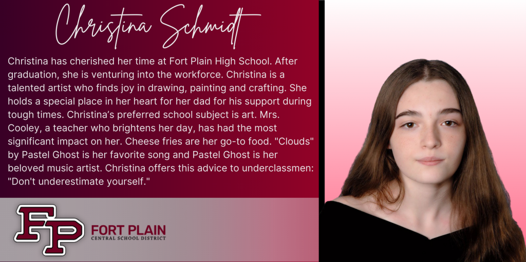 A graphical image featuring a title and text about senior Christina Schmidt. Christina's senior class photo is featured at the right. The school district logo is featured in the lower left. The background of the image is dark red.