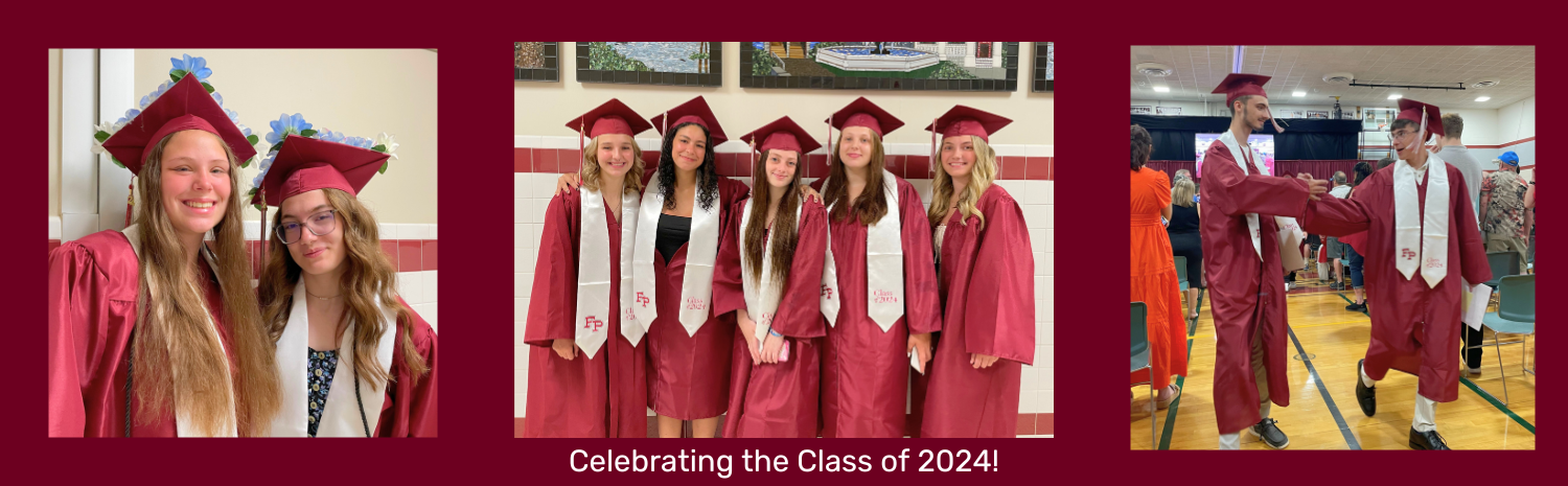 A slide with a dark red background featuring three photos of the Class of 2024 seniors during their graduation ceremony, in various poses. All are wearing dark red caps and gowns and smiling for the camera.