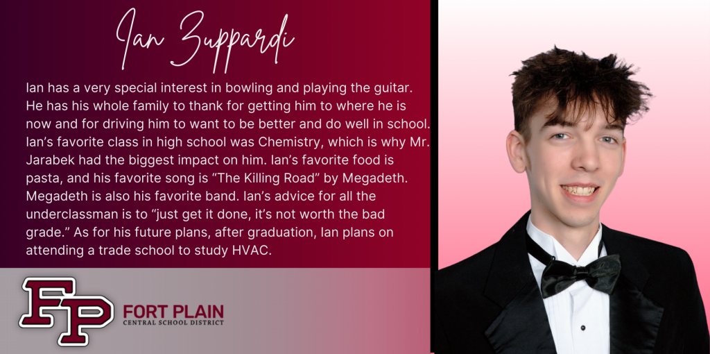 A graphical image featuring a title and text about senior Ian Zuppardi. Ian's senior class photo is featured at the right. The school district logo is featured in the lower left. The background of the image is dark red.