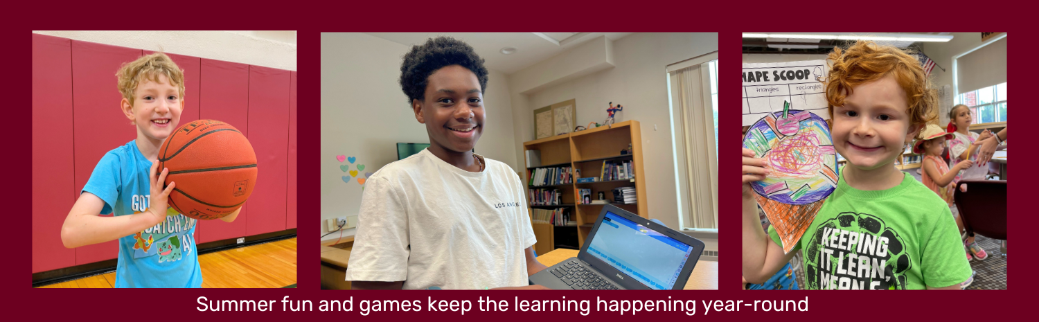 A slide with a dark red background featuring three photos of young and teenage students learning and playing during the summer at Fort Plain CSD. All three students are looking at and smiling for the camera.