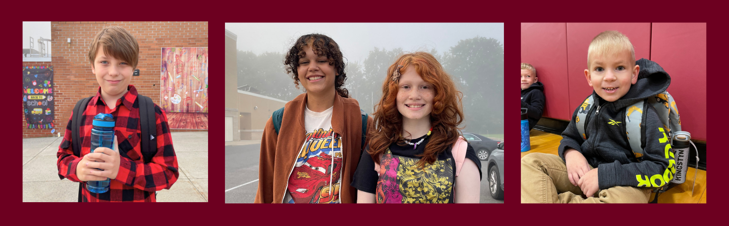 A slide with a dark red background featuring three photos of young and teenage students learning on the first day of school at Fort Plain CSD. All three students are looking at and smiling for the camera.