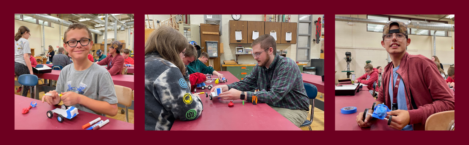 A slide with a dark red background featuring three photos of teenage students learning with their teacher in a school technology lab about the mechanics of balloon-powered cars. The students at left and right are looking at and smiling for the camera. The students and teacher in the center photo are gathered around a classroom table and looking down at the car they are working on.