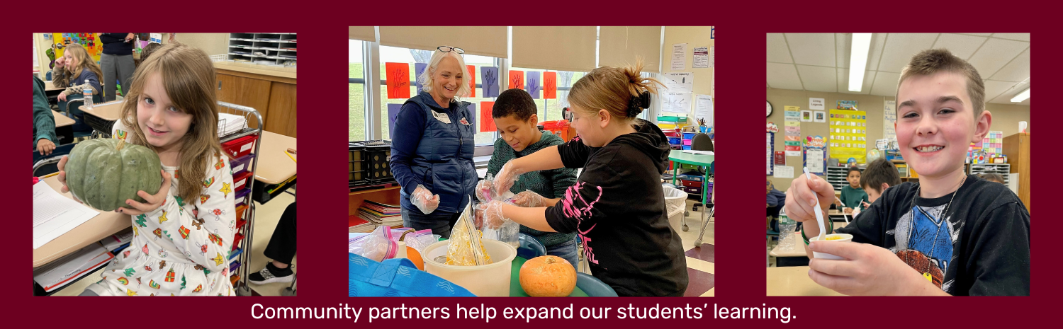 A slide with a dark red background featuring three photos of young and students learning how to make a no bake pumpkin pie at Fort Plain CSD. The students at right and left are looking at and smiling for the camera. The students in the photo at the center are working with a teacher to add ingredients to zip lock baggie.