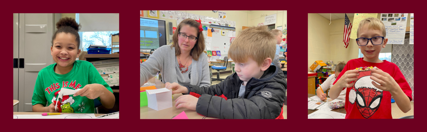 A slide with a dark red background featuring three photos of young students learning in the elementary classrooms at Fort Plain CSD. The students at right and left are looking at and smiling for the camera. The student in the photo at the center is working with a teacher to construct a building with paper cards.